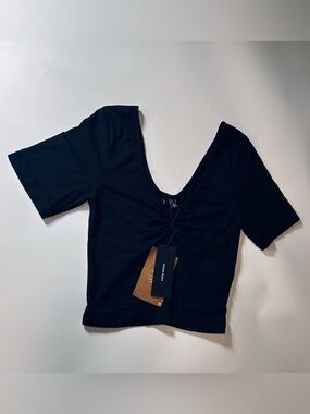 Vero Moda Womens Small Black Ruched V Neck Short Sleeve Crop Top